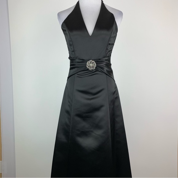 Vintage Jessica McClintock for Gunne Sax Black Satin Halter Evening Dress 3/4 - Picture 2 of 14